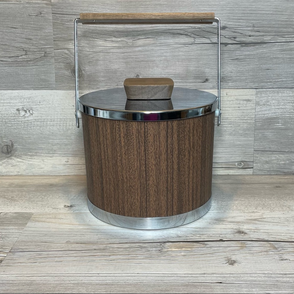 Vintage~KROMEX~Retro Ice Bucket Insulated Chrome Wood Look Vinyl Walnut 1970~EC